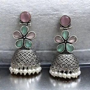 ALISHA BRASS JHUMKA - Mint Green & Pink
