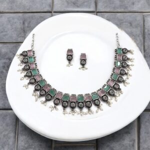 DIA CHOKER SET-PINK & MINT GREEN